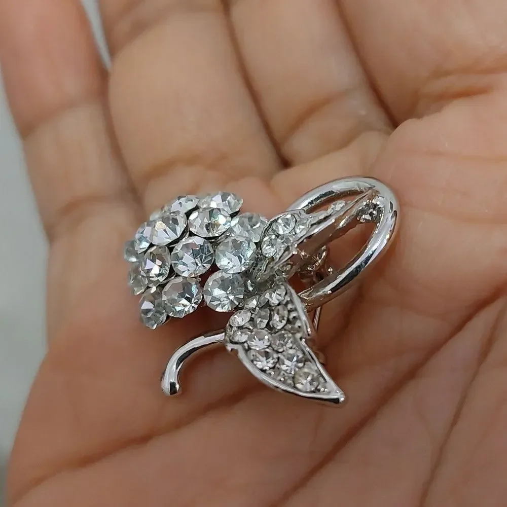 Vintage Unknown Mark Rhinestone Crystals Flower Stem Silver Tone Lapel Pin